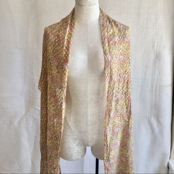 Vintage Accessories - Big Silk Scarf Gold Metallic Boho Print Wrap Shawl